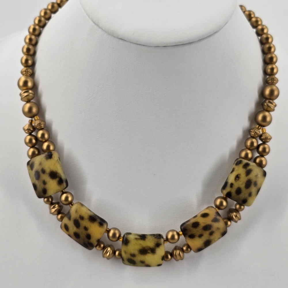 Leopard Print Double Strand Necklace Gold Tone Matte Beads Chunky Statement